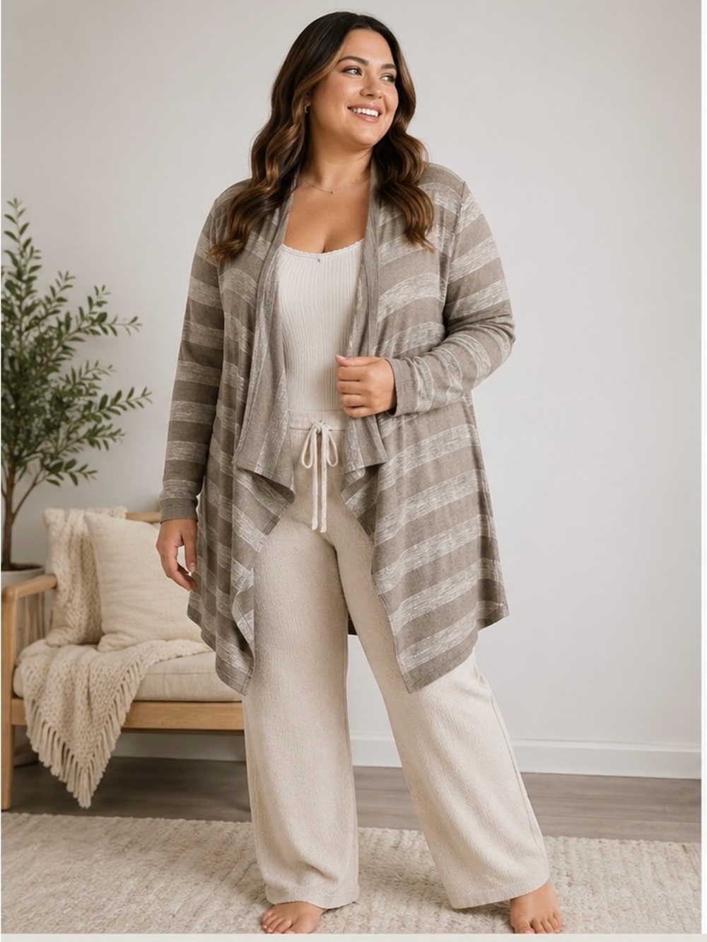 Barefoot Dreams Bamboo Chic Lite Cardigan 1X Taupe Stripe Cozy Soft Loungewear